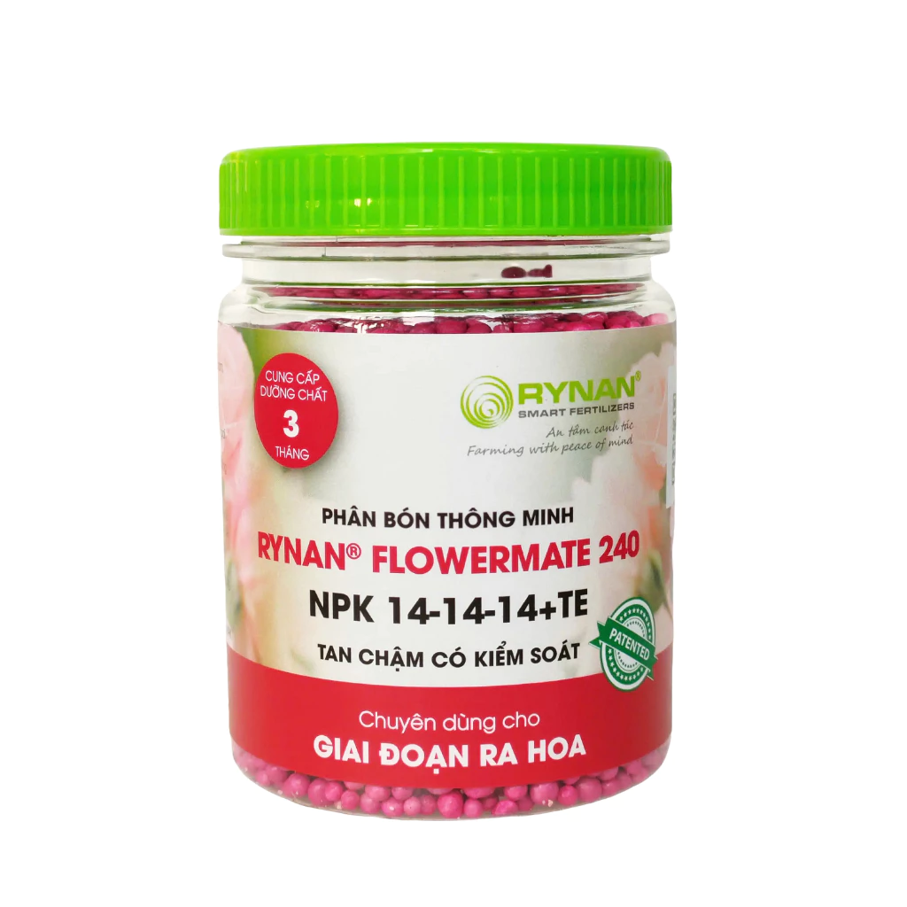 Phân tan chậm thông minh Rynan Flowermate 240 NPK 14-14-14 TE hũ 150g dùng cho các loại cây có hoa Phân tan chậm thông minh Rynan Flowermate 240 NPK 14-14-14 TE hũ 150g dùng cho các loại cây có hoa